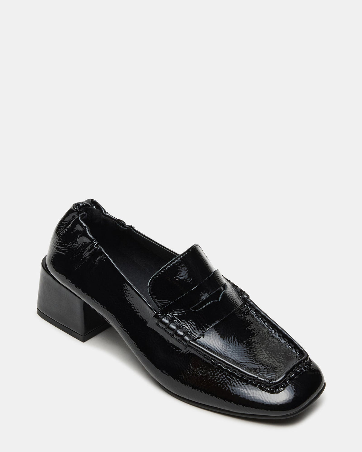 ESTEE Black Crinkle Patent Square-Toe Heeled Women's Loafer - Steve Madden
