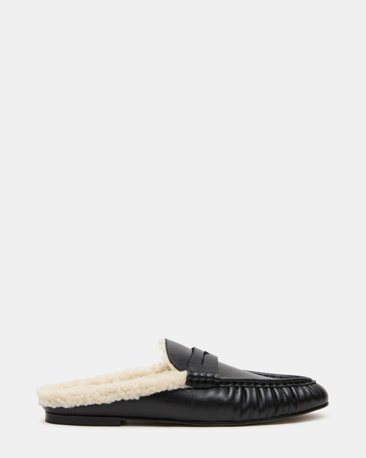 RAFE Faux Fur Black Leather Slip-On Mule Women's Flat - Steve Madden