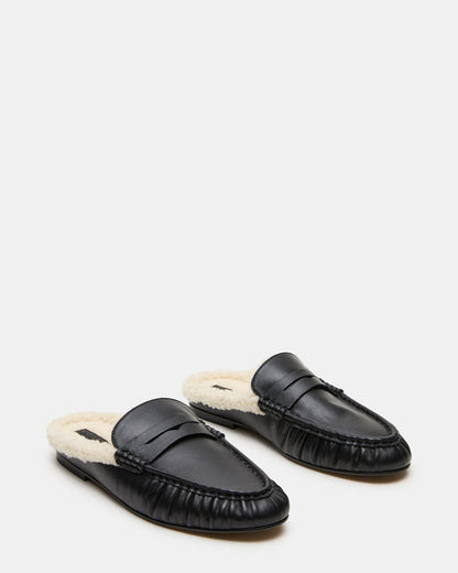 RAFE Faux Fur Black Leather Slip-On Mule Women's Flat - Steve Madden