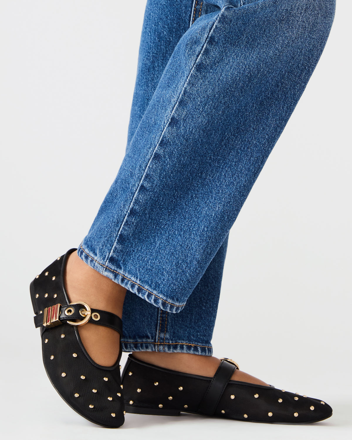 LUCIA Stud Black Multi Mesh Mary Jane Ballet Women's Flat - Steve Madden
