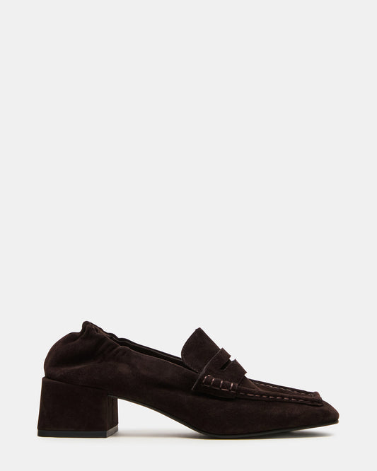 ESTEE Brown Suede Square-Toe Heeled Women's Loafer - Steve Madden