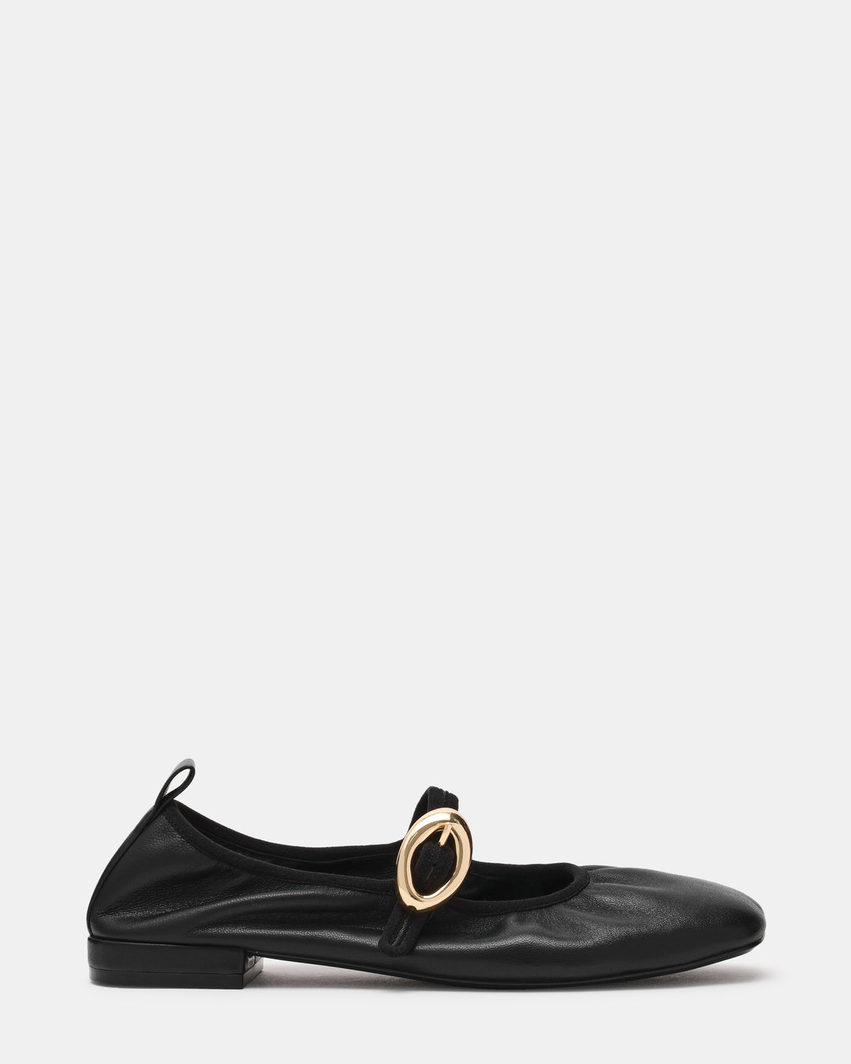 DAFFIA Black Leather Mary Jane Gold-Detail Buckle Ballet Women's Flat - Steve Madden