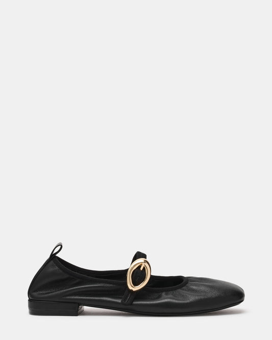 DAFFIA Black Leather Mary Jane Gold-Detail Buckle Ballet Women's Flat - Steve Madden