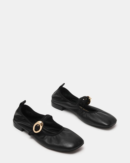 DAFFIA Black Leather Mary Jane Gold-Detail Buckle Ballet Women's Flat - Steve Madden