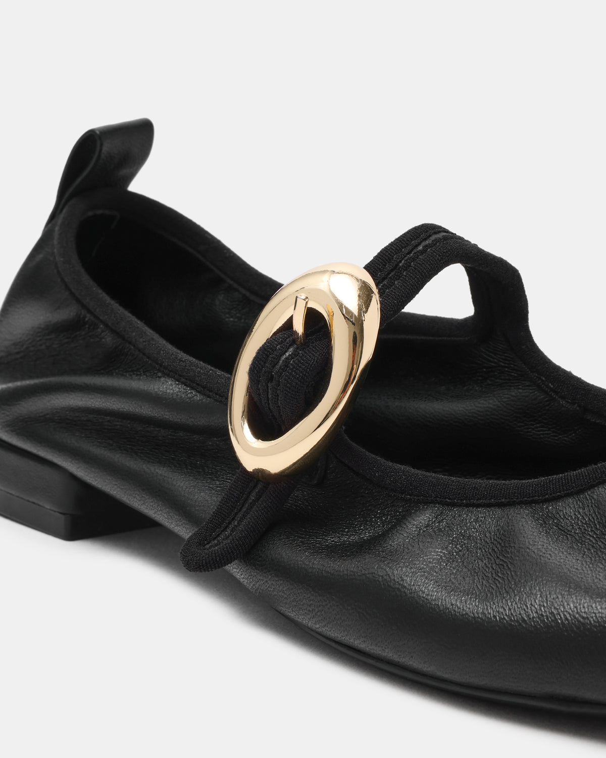 DAFFIA Black Leather Mary Jane Gold-Detail Buckle Ballet Women's Flat - Steve Madden