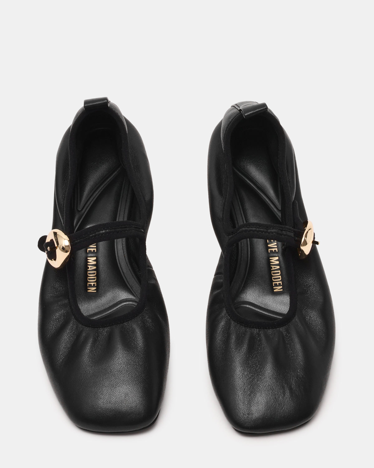 DAFFIA Black Leather Mary Jane Gold-Detail Buckle Ballet Women's Flat - Steve Madden