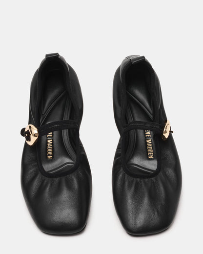 DAFFIA Black Leather Mary Jane Gold-Detail Buckle Ballet Women's Flat - Steve Madden