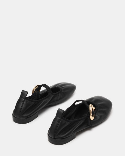 DAFFIA Black Leather Mary Jane Gold-Detail Buckle Ballet Women's Flat - Steve Madden
