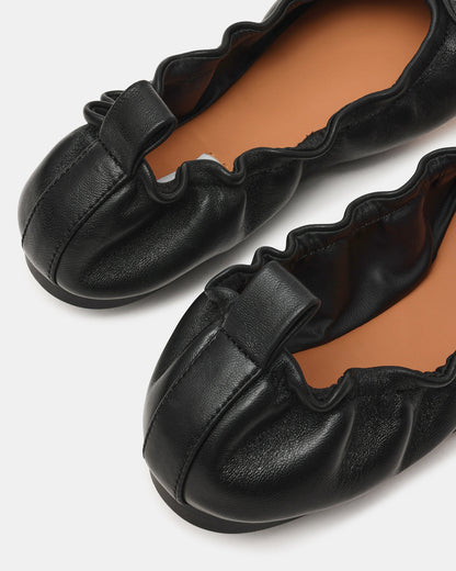 LANTI Black Leather Bow Round-Toe Women's Flat - Steve Madden