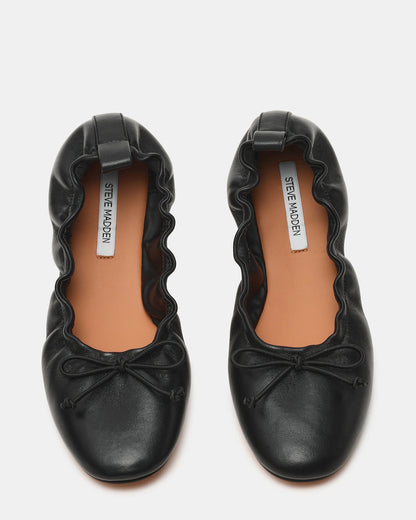 LANTI Black Leather Bow Round-Toe Women's Flat - Steve Madden