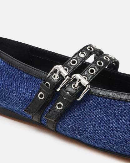 LYDIA Cap Black Denim Mary Jane Ballet Women's Flat - Steve Madden
