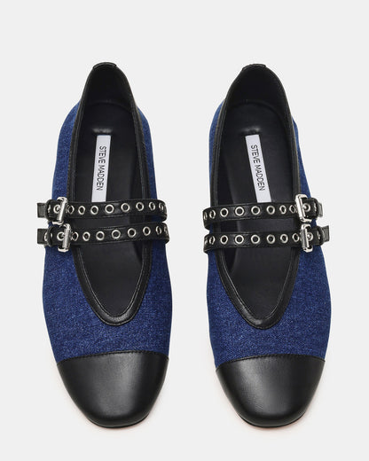 LYDIA Cap Black Denim Mary Jane Ballet Women's Flat - Steve Madden