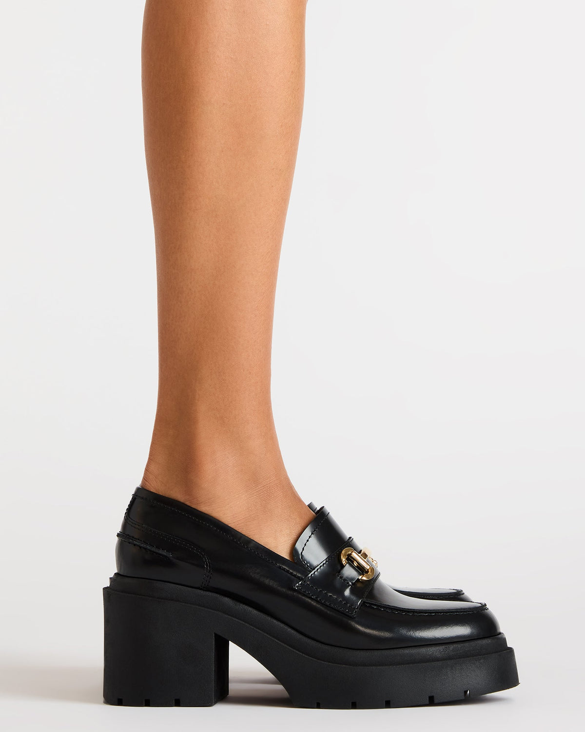 LAZRA Black Platform Lug Block Heel Women's Loafer - Steve Madden