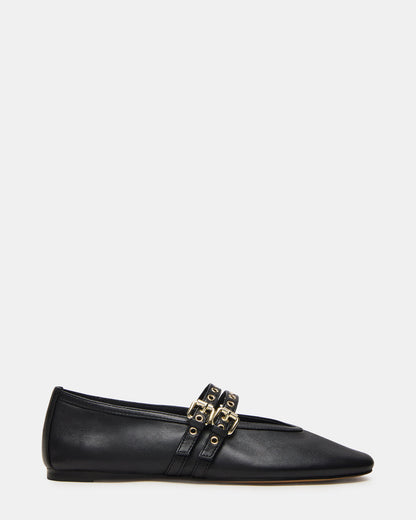 LYDIA Black Leather Square-Toe Mary Jane Ballet Women's Flat - Steve Madden