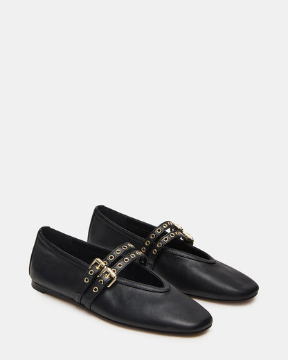 LYDIA Black Leather Square-Toe Mary Jane Ballet Women's Flat - Steve Madden