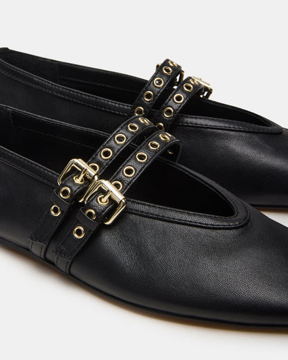 LYDIA Black Leather Square-Toe Mary Jane Ballet Women's Flat - Steve Madden