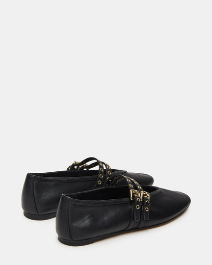 LYDIA Black Leather Square-Toe Mary Jane Ballet Women's Flat - Steve Madden