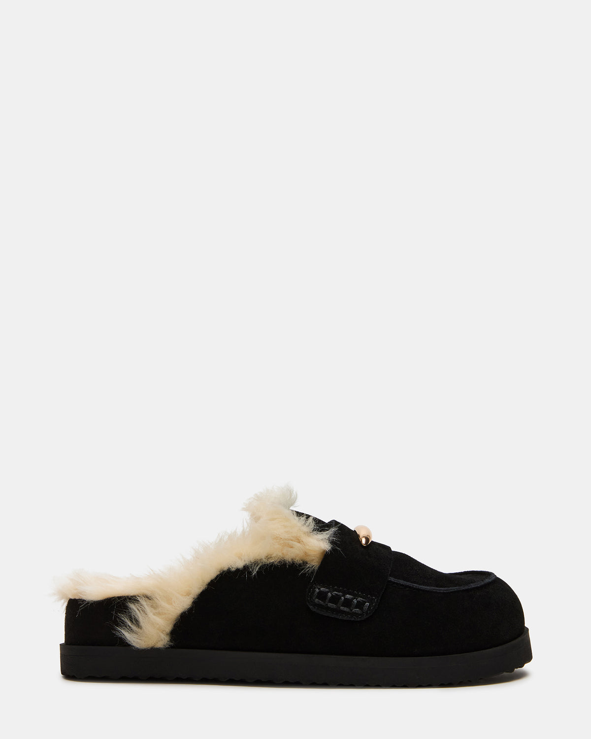 TOBIN Faux Fur Black Suede Slip-On Mule Women's Flat - Steve Madden