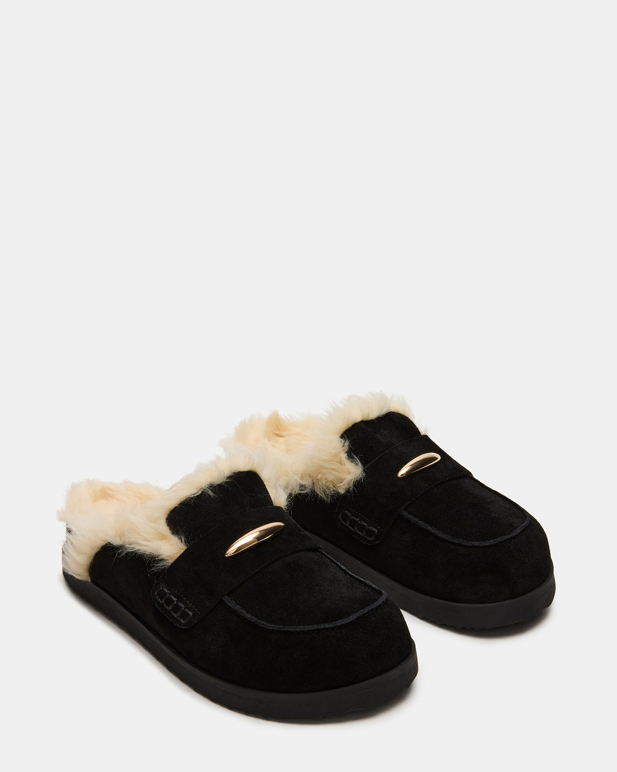 TOBIN Faux Fur Black Suede Slip-On Mule Women's Flat - Steve Madden