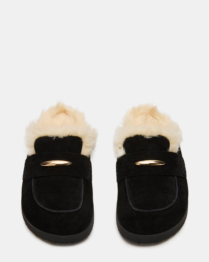 TOBIN Faux Fur Black Suede Slip-On Mule Women's Flat - Steve Madden