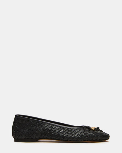 DIVY Black Leather Woven Bow Ballet Round-Toe Women's Flat - Steve Madden