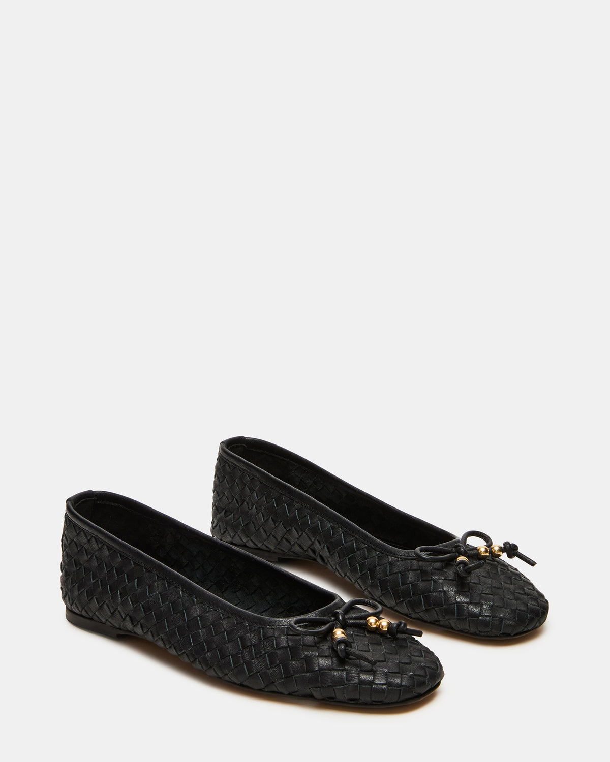 DIVY Black Leather Woven Bow Ballet Round-Toe Women's Flat - Steve Madden