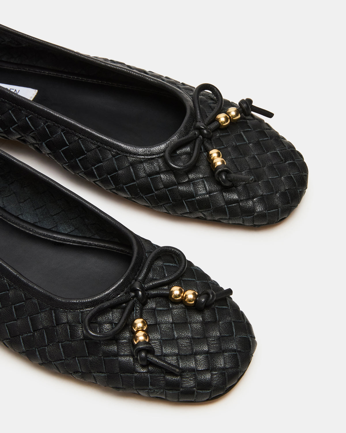 DIVY Black Leather Woven Bow Ballet Round-Toe Women's Flat - Steve Madden