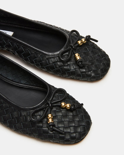DIVY Black Leather Woven Bow Ballet Round-Toe Women's Flat - Steve Madden