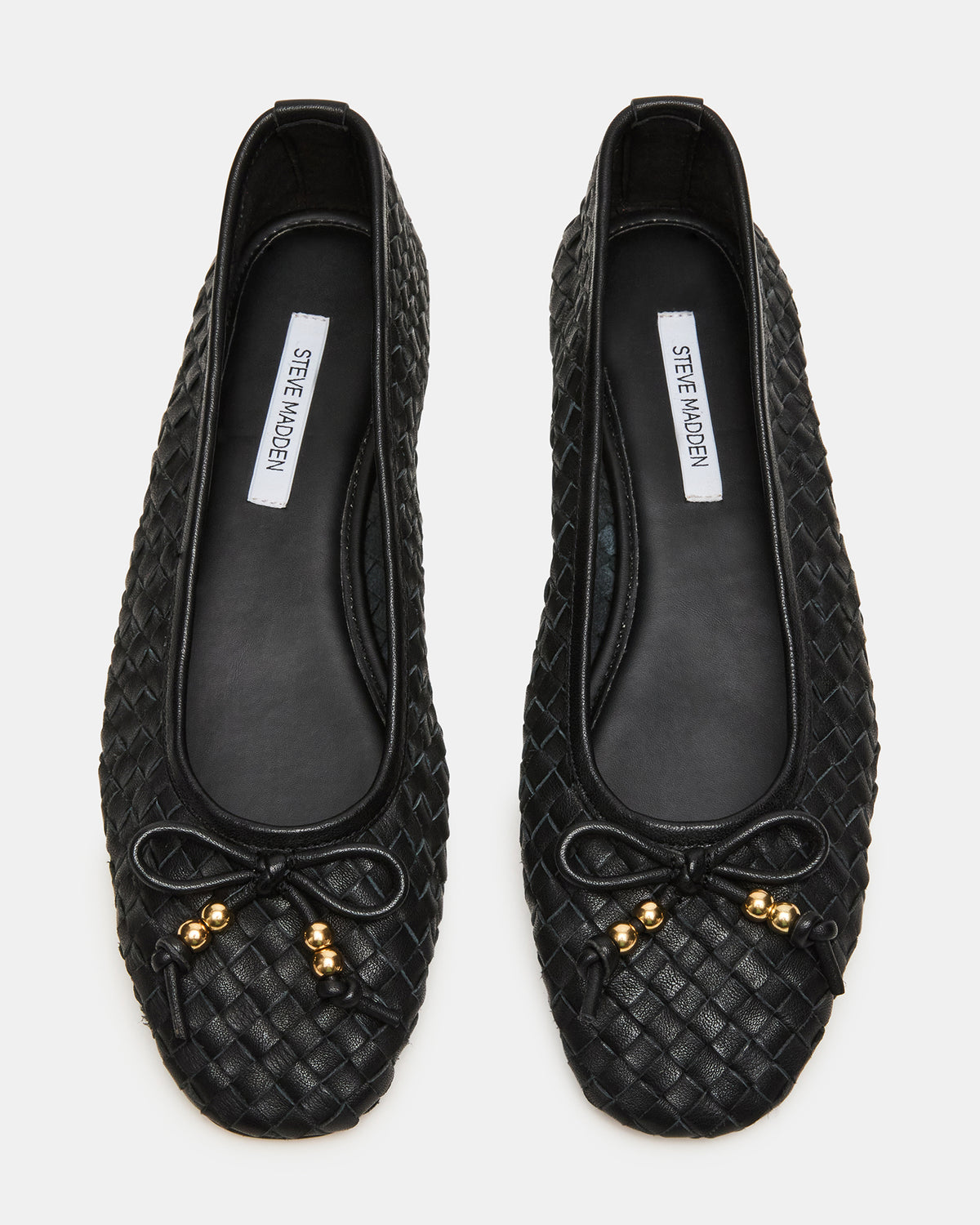 DIVY Black Leather Woven Bow Ballet Round-Toe Women's Flat - Steve Madden