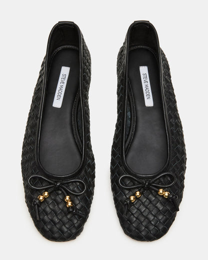 DIVY Black Leather Woven Bow Ballet Round-Toe Women's Flat - Steve Madden