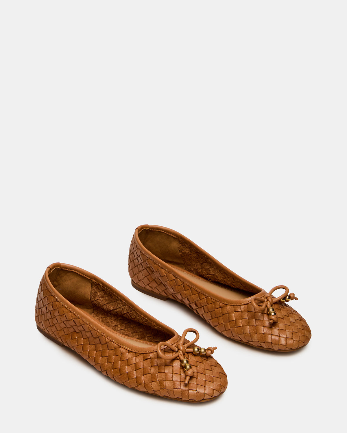 DIVY Cognac Leather Woven Bow Ballet Round-Toe Women's Flat - Steve Madden