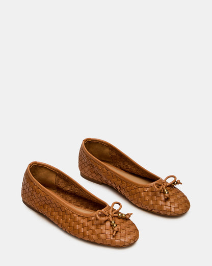 DIVY Cognac Leather Woven Bow Ballet Round-Toe Women's Flat - Steve Madden