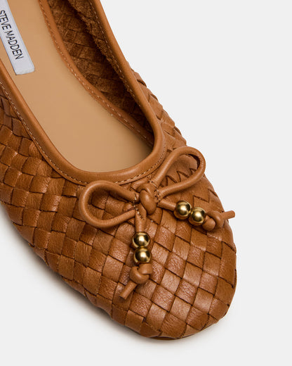 DIVY Cognac Leather Woven Bow Ballet Round-Toe Women's Flat - Steve Madden