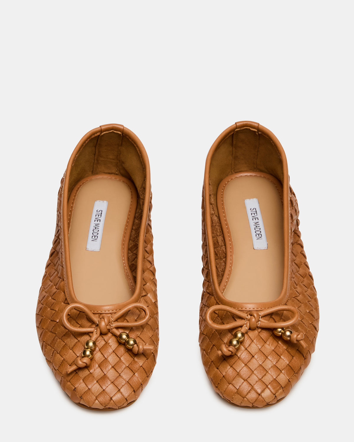 DIVY Cognac Leather Woven Bow Ballet Round-Toe Women's Flat - Steve Madden