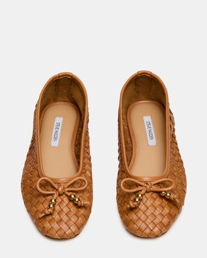 DIVY Cognac Leather Woven Bow Ballet Round-Toe Women's Flat - Steve Madden