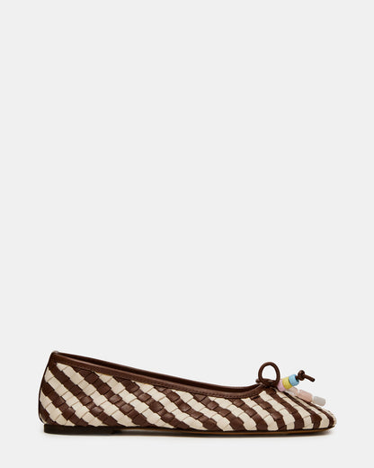 DIVY White/Brown Leather Woven Bow Ballet Round-Toe Women's Flat - Steve Madden