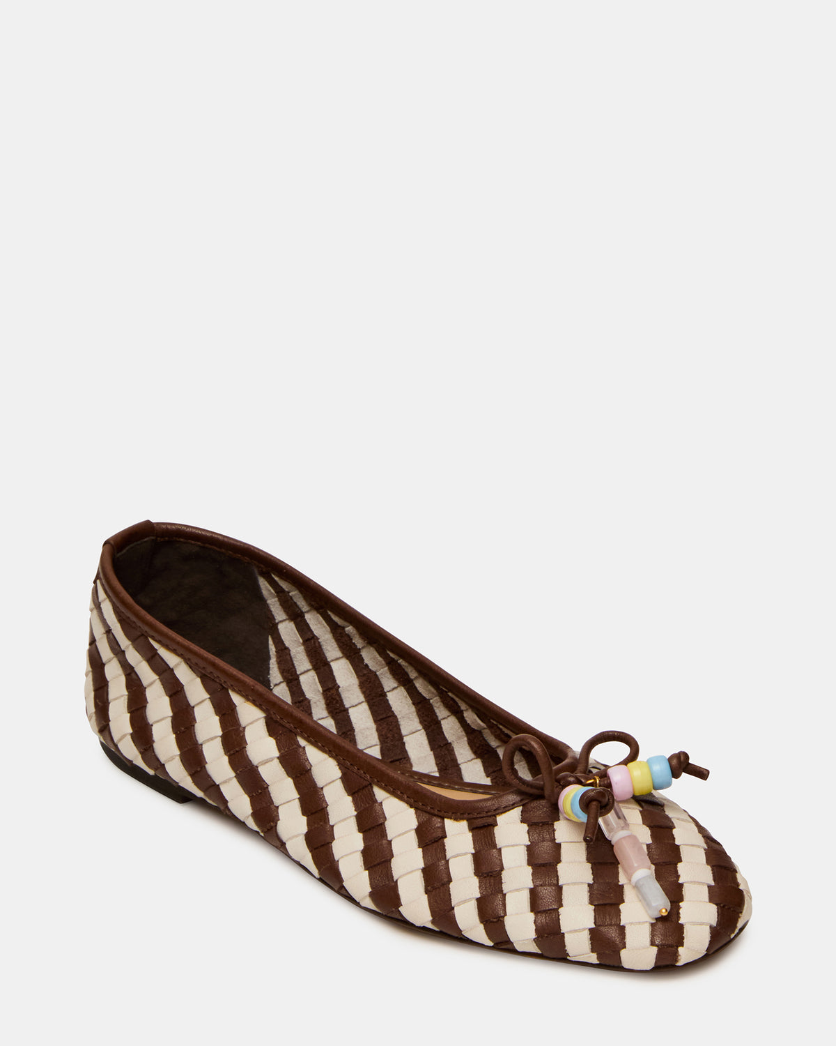 DIVY White/Brown Leather Woven Bow Ballet Round-Toe Women's Flat - Steve Madden