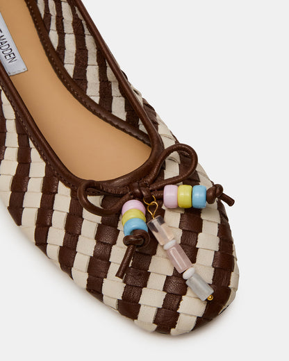 DIVY White/Brown Leather Woven Bow Ballet Round-Toe Women's Flat - Steve Madden