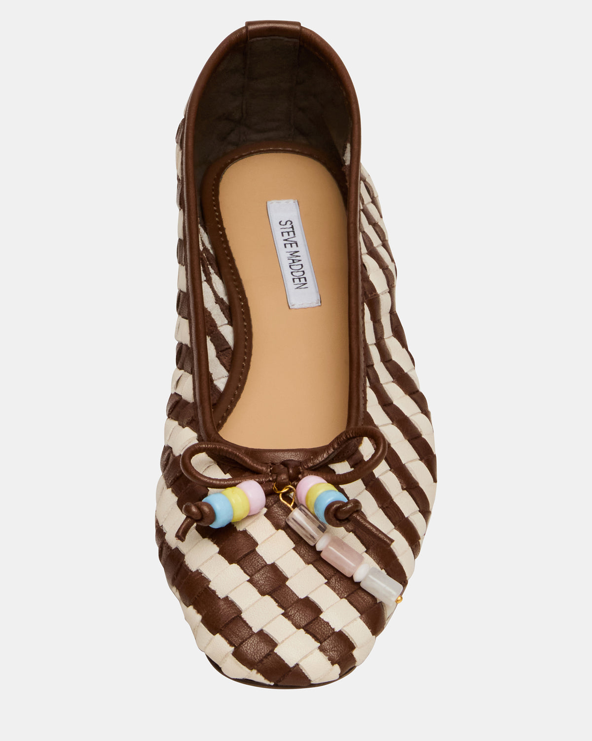 DIVY White/Brown Leather Woven Bow Ballet Round-Toe Women's Flat - Steve Madden