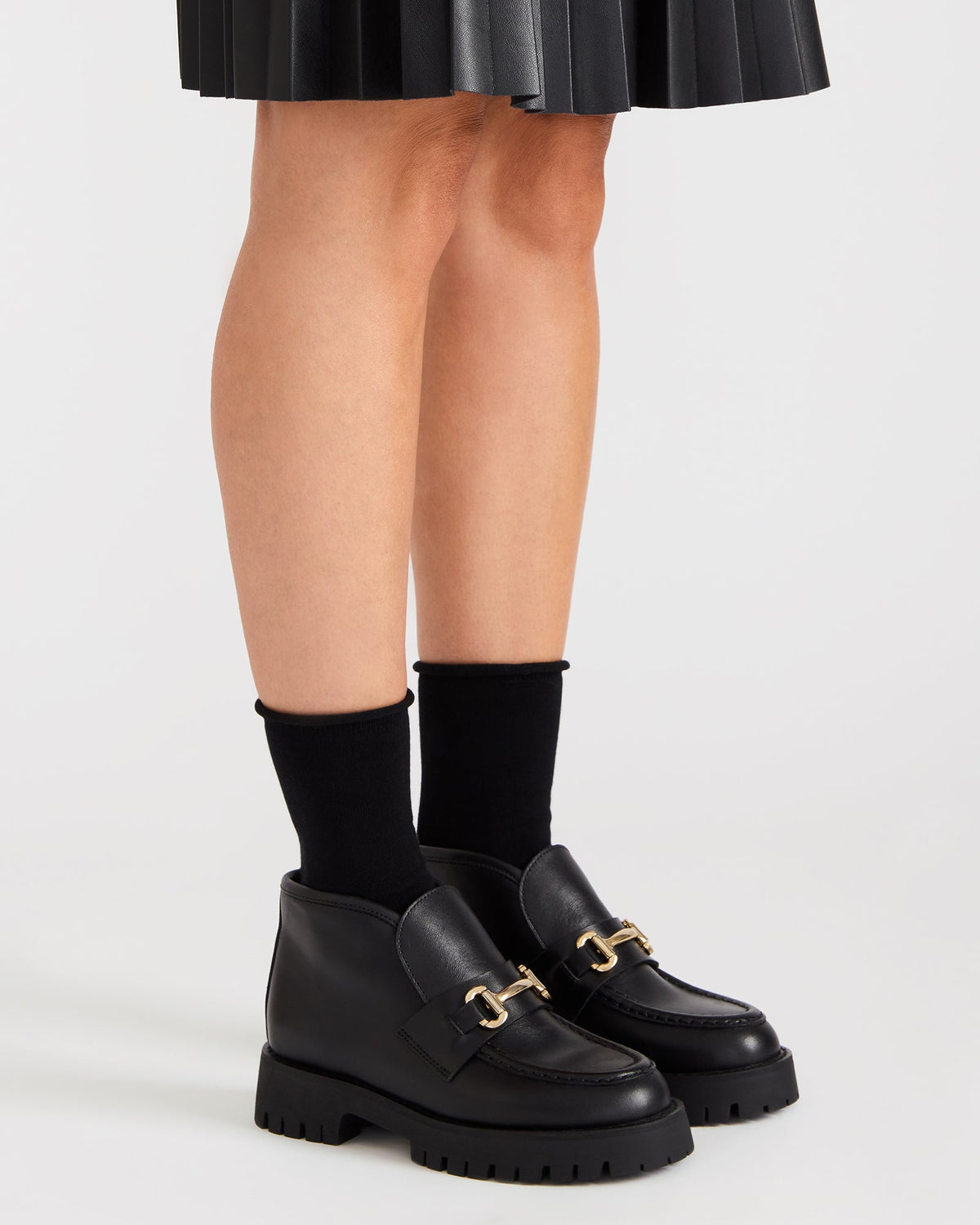LEON Black Leather Platform Lug Sole Women's Loafer - Steve Madden