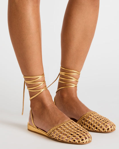 FLUTTER Gold Woven Mule Leg-Ties Strappy Women's Flat - Steve Madden
