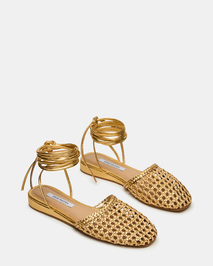FLUTTER Gold Woven Mule Leg-Ties Strappy Women's Flat - Steve Madden