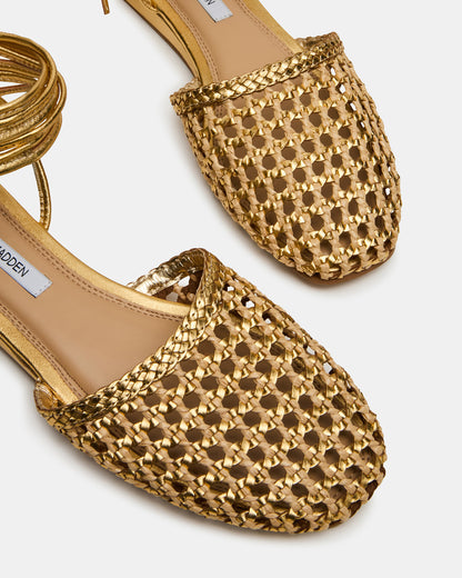 FLUTTER Gold Woven Mule Leg-Ties Strappy Women's Flat - Steve Madden