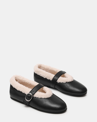 LODGE Black Leather Mary Jane Round-Toe Women's Flat - Steve Madden