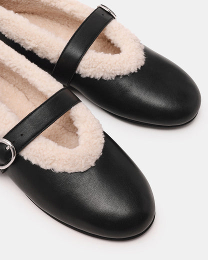 LODGE Black Leather Mary Jane Round-Toe Women's Flat - Steve Madden