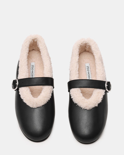 LODGE Black Leather Mary Jane Round-Toe Women's Flat - Steve Madden