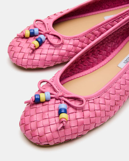DIVY Pink Leather Woven Bow Ballet Round-Toe Women's Flat - Steve Madden
