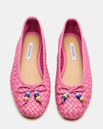 DIVY Pink Leather Woven Bow Ballet Round-Toe Women's Flat - Steve Madden