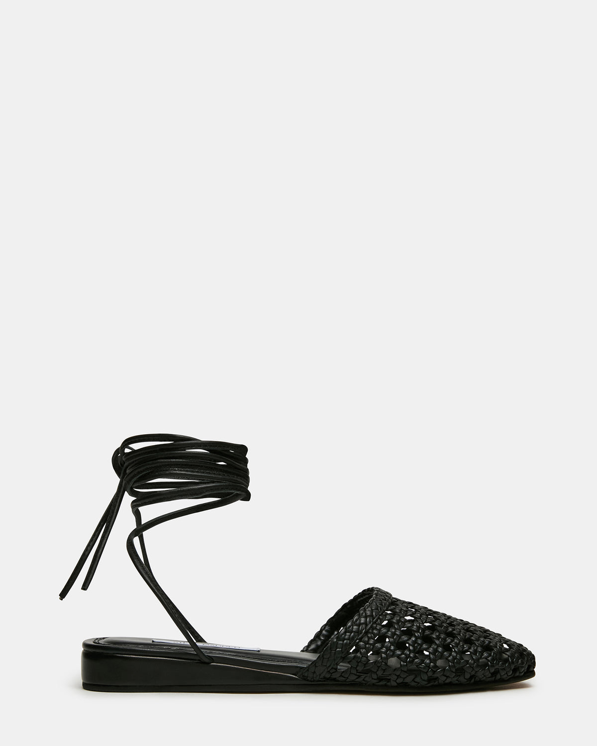 FLUTTER Black Leather Woven Mule Leg-Ties Strappy Women's Flat - Steve Madden