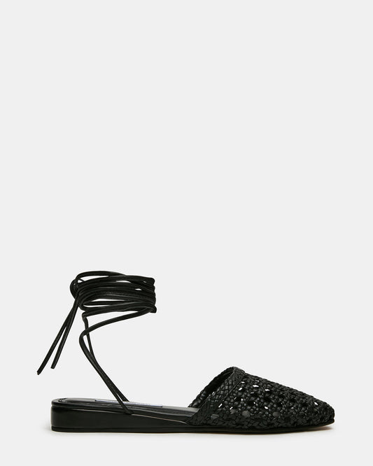 FLUTTER Black Leather Woven Mule Leg-Ties Strappy Women's Flat - Steve Madden